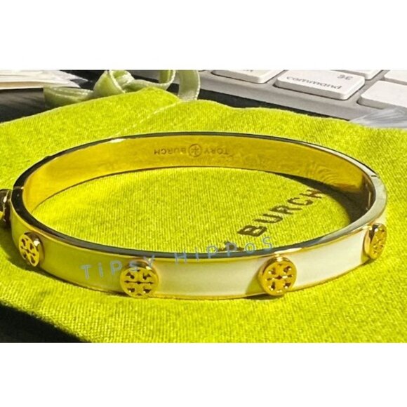 TORY BURCH MILLER 5MM WHITE AND GOLD HINGE BRACELET - Picture 4 of 5